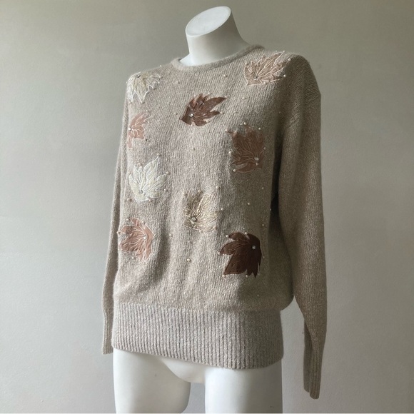 Cristina | Vintage Silk Blend Autumn Leaf Beaded Angora Embroidered Crew Sweater - Picture 1 of 8
